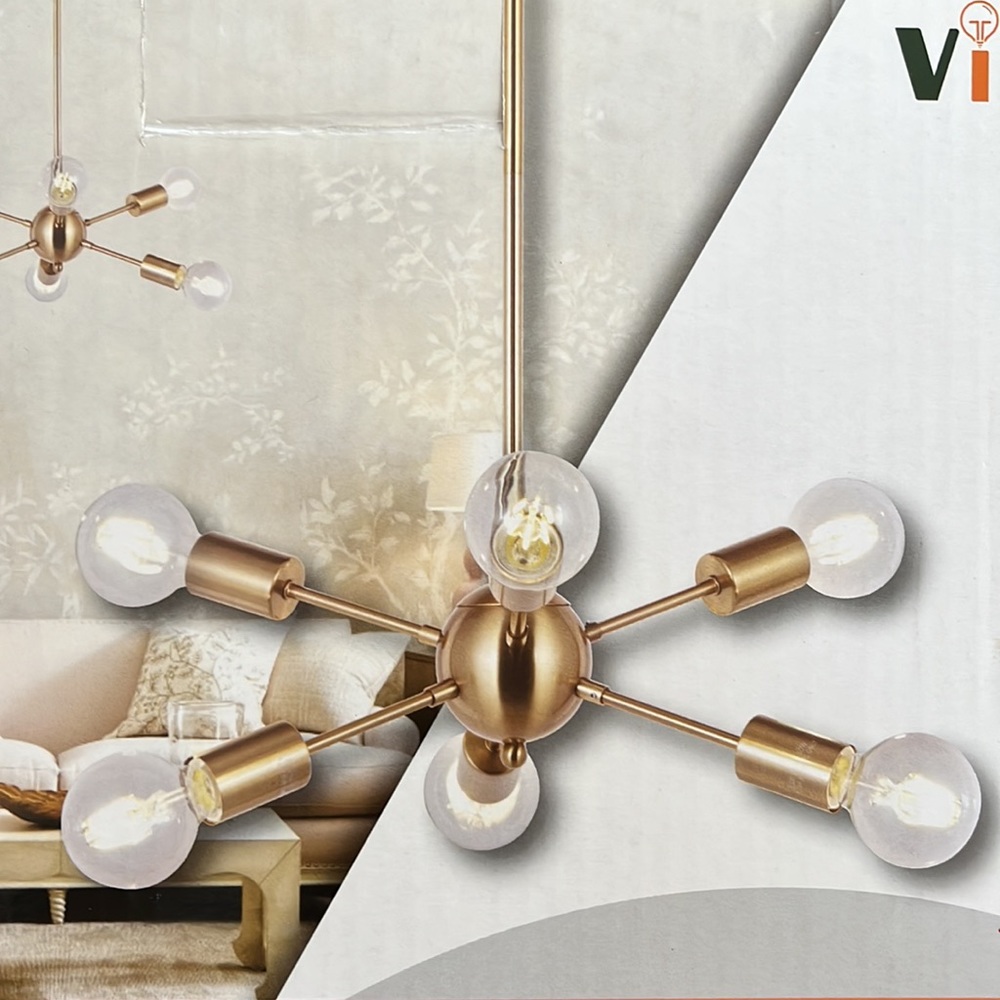 Mid century modern 6 light chandelier in brushed brass